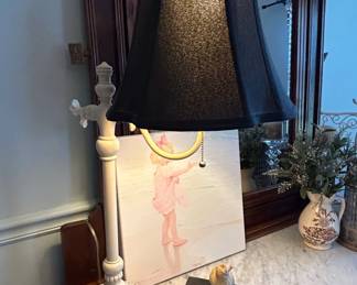 Vintage Cream Ceramic Candlestick Style Table Lamp with Black Bell Shade