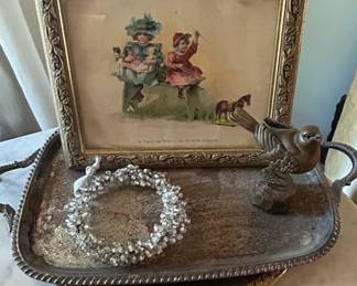 Victorian Children A Trip to Town by Stage Coach Framed Print and SilverPlated Tray with Bird Figurine