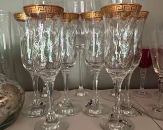 Set of Crystal Wine Glasses with Gold Greek Key Rim