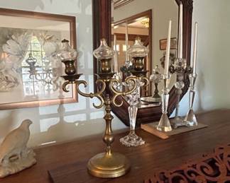 Victorian Brass and Crystal Candelabra with Hurricane Shades