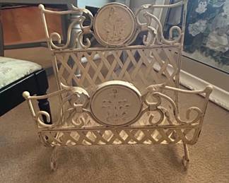 Vintage Ornate Metal Magazine Rack with Fleurdelis Motif