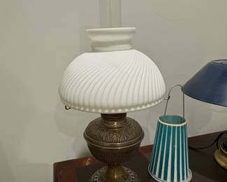 Victorian Brass Oil Lamp with Swirl Milk Glass Shade