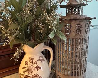 Antique Brown Transferware Pitcher with Floral and Fish Motif and Oriental Style Metal Lantern