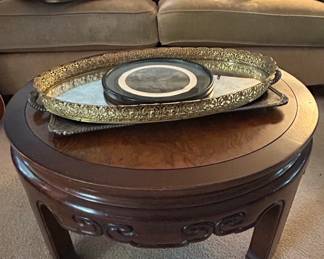 Vintage Carved Rosewood Coffee Table with Mirrored Tray