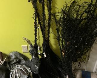 Halloween Skeleton Prop and Light-Up Witch Brooms Decoration Set