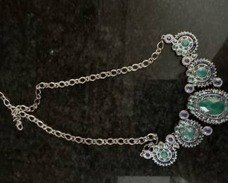 Premier Designs "Victoria" Green and Blue Crystal Silver Necklace
