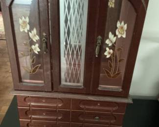 Vintage Wooden Jewelry Armoire with Mirrored Doors and Drawers
