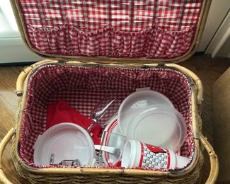 Vintage Mid-Century Wicker Picnic Basket with Red Gingham Lining and Accessories
