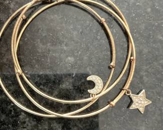 Gold Tone Bangle Bracelet Set with Moon, Star, and Faceted Square Charms