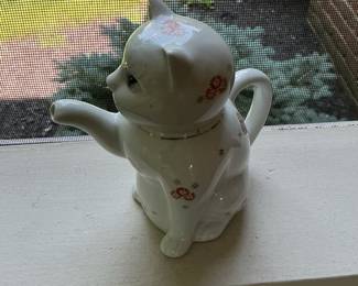 Vintage White Ceramic Cat Teapot with Red Floral Decals and Gold Trim