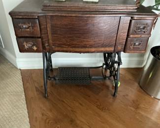 Antique White Rotary Treadle Sewing Machine with Oak Cabinet