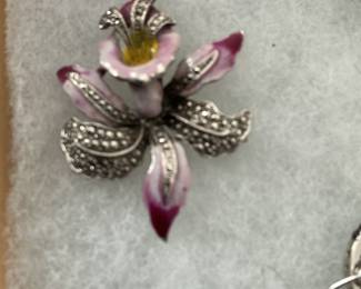 Sterling Silver Judith Jack Marcasite Enamel Orchid Brooch