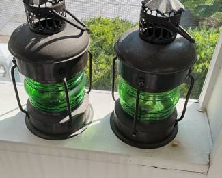 Vintage Nautical Oil Lanterns with Green Glass (Set of 2)
