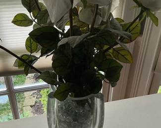 Clear Glass Vase with Artificial White Roses