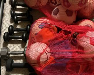 Assorted Sports Equipment Lot: Soccer Balls, Dumbbells, and Boxing Gear