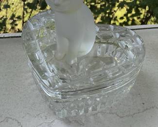 Frosted Glass Cat on Cut Glass Heart-Shaped Trinket Box