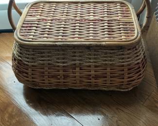 Vintage Mid-Century Wicker Picnic Basket with Red Gingham Lining and Accessories