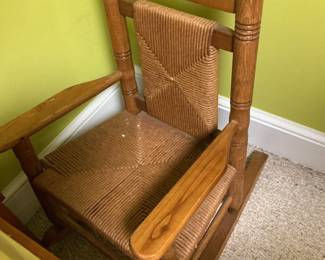 Child's Wooden Rocking Chair with Woven Seat and Back