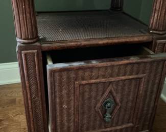 Vintage Rattan and Dark Wood Nightstand