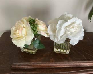 Artificial Roses in Clear Square Glass Vases