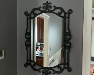 Ornate Wrought Iron Wall Mirror with Scrollwork and Fleur-de-lis