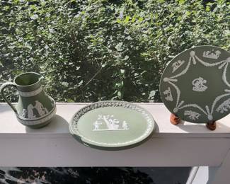 Wedgwood Sage Green Jasperware Pitcher and Decorative Plates