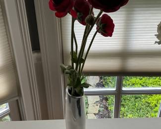 Artificial Red Ranunculus in Silver-Toned Vase
