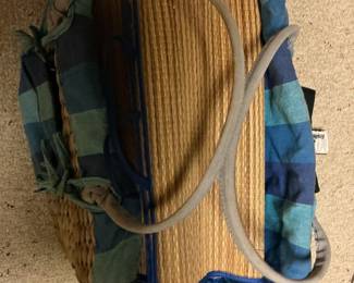 Woven Straw Picnic Basket with Blue and Teal Striped Fabric Lining and Mat