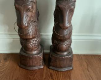 Pair of Vintage Hand-Carved Monkey Pod Wood Horse Head Bookends