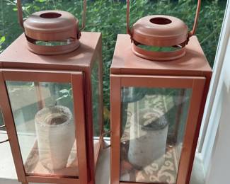 Set of Two Copper Finish Metal Lanterns with Glass Panels