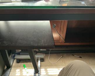Executive Desk with Dark Laminate Top, Wood Cabinet, and Green-Tinted Glass Inset