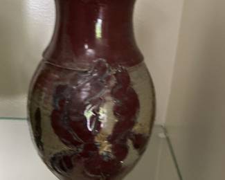 Bob Hasselle Studio Pottery Vase with Red Drip Glaze and Floral Motif