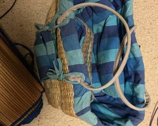 Woven Straw Picnic Basket with Blue and Teal Striped Fabric Lining and Mat