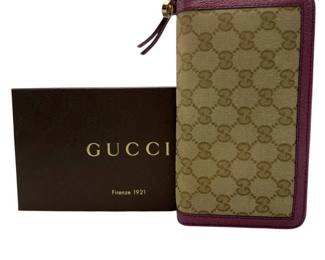 Gucci GG Canvas Zip-Around Wallet in Beige/Ebony w/ Pink Leather Trim & Box