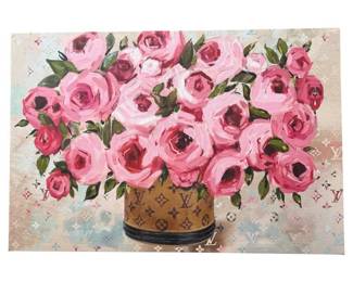 Designer Floral Canvas Wall Art Featuring Louis Vuitton Inspired Vase Motif - 36" x 24"