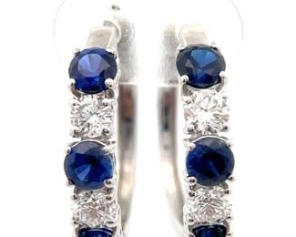 NEW! 0.51 Carat Diamond & Sapphire Hoop Earrings in 14k White Gold