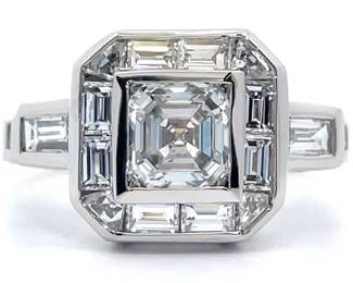 New! 2.40 Carat Natural Diamond Step-Cut Halo Ring in Platinum - GIA Report Center Stone (F / SI1 1.20 Carat) in Platinum
