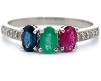 Oval Natural Blue Sapphire, Emerald & Ruby Three-Stone Natural Diamond Ring