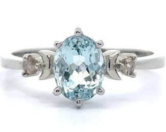 Natural Aquamarine & Natural Diamond Three-Stone Crescent Moon Ring