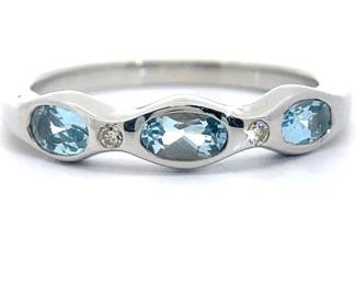 East-West Natural Blue Topaz & Natural Diamond Station Bezel Ring