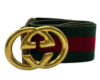 Gucci Interlocking GG Web Belt in Green & Red Canvas w/ Gold-Tone Buckle (Size 85/34)