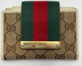 Gucci GG Canvas Web Stripe Compact Wallet in Beige/Ebony with Cream Leather Trim