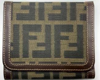 Fendi Zucca Canvas & Brown Leather Compact Wallet with Coin Compartment