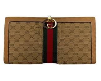 Gucci GG Canvas Web Stripe Interlocking G Continental Wallet in Beige/Ebony with Tan Leather Trim