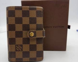Louis Vuitton Compact Wallet in Damier Ebene Canvas w/ Kiss-Lock Coin Compartment & Box