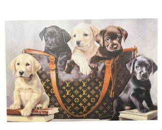 Designer Inspired Puppy Canvas Wall Art Featuring Louis Vuitton Inspired Tote, Gucci GG Background & Dior Book Accent - 36" x 24"