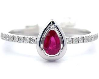 0.39 Carat Natural Ruby Pear Bezel & Diamond Ring in 14k White Gold