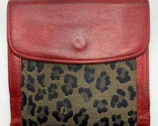 Fendi Leopard Print Canvas & Red Leather Bifold Wallet with Coin Compartment