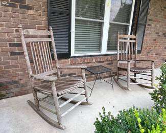 Spindle Back Style Porch Rocking Chairs and Metal Outdoor Side Table