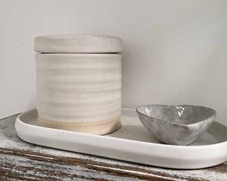 Ribbed Ceramic Canister, Tray, and Organic Bowl